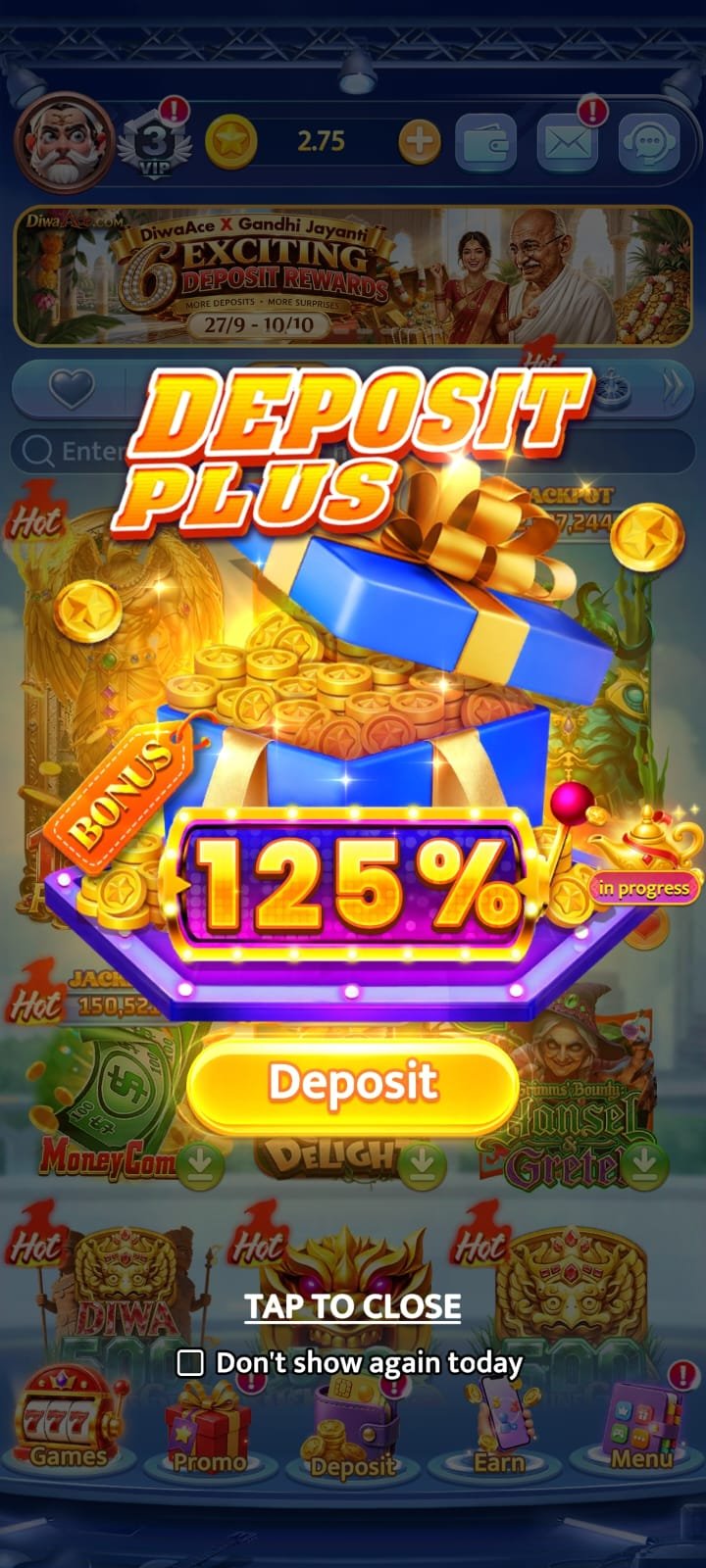 Diwa Ace games lobby with deposit offer