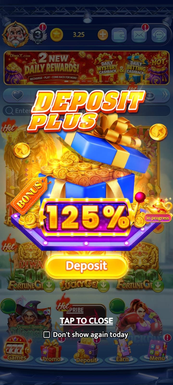 DiwaX games lobby with deposit offer
